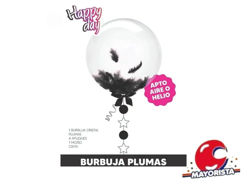 [7798371460716] SET GLOBO BURBUJA C/PLUMAS NEGRO, APLIQUE, MONO Y CINTA - ARDITEX