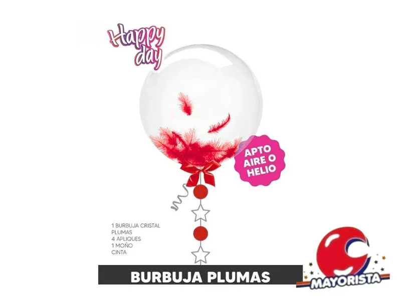 [7798371460778] SET GLOBO BURBUJA C/PLUMAS ROJO, APLIQUE, MONO Y CINTA - ARDITEX