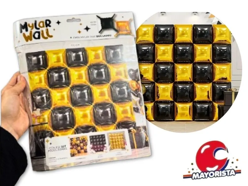 PARED DE GLOBOS MYLAR DORADO/NEGRO 25U 170X170CM (DIS07-31) ARDITEX