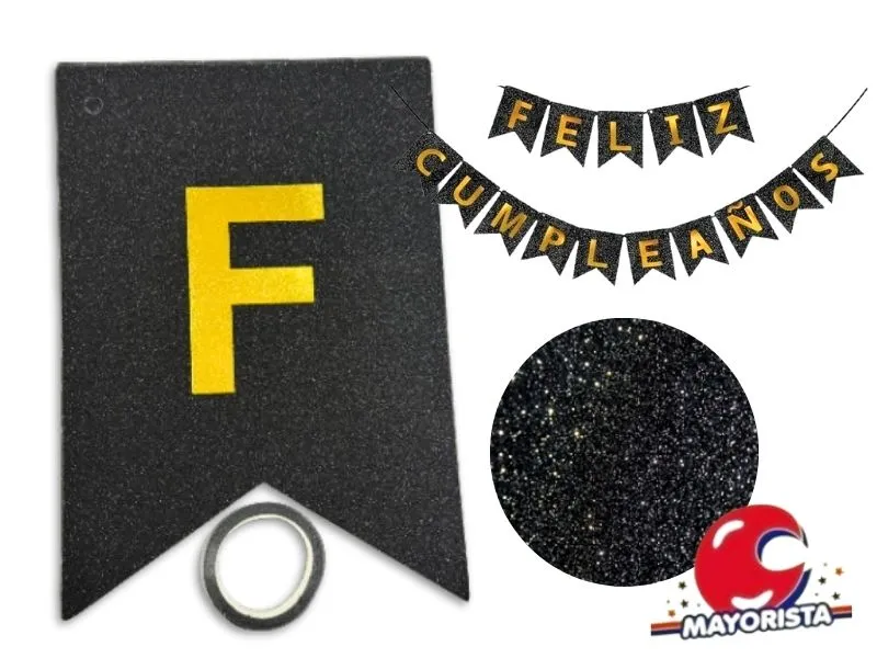 [9283] BANDERIN CARTON GLITTER NEGRO FELIZ CUMPLE (YW18-093) LCOST