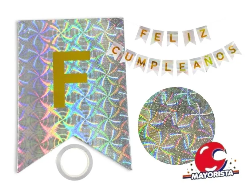 BANDERIN CARTON HOLOGRAFICO PLATA FELIZ CUMPLE (GB828-10256) CHG