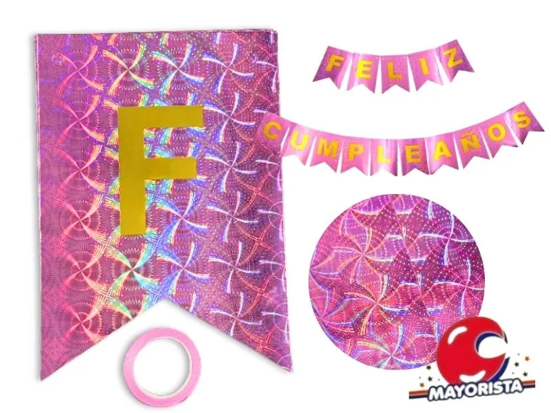 [9103] BANDERIN CARTON HOLOGRAFICO ROSA FELIZ CUMPLE (YW18-096) LCOST