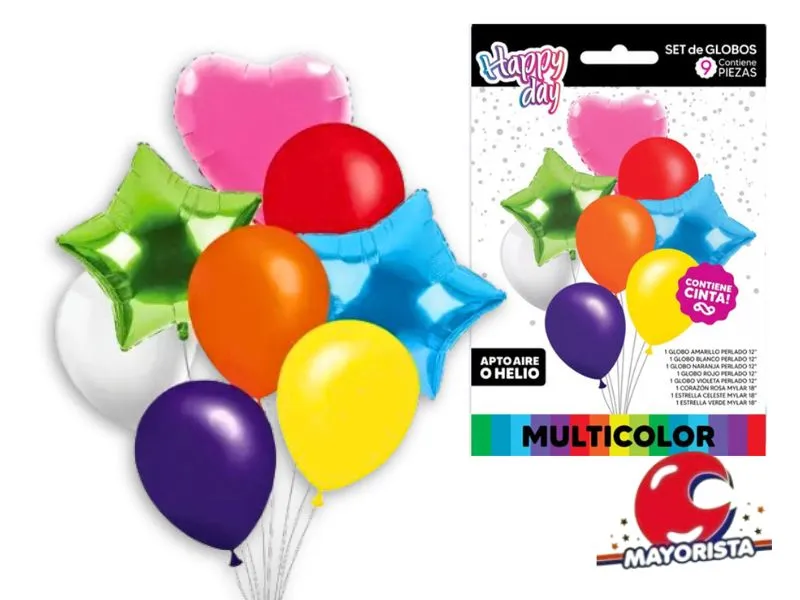 SET DE GLOBOS 9 PCS CORAZON Y ESTRELLA MULTICOLOR - ARDITEX