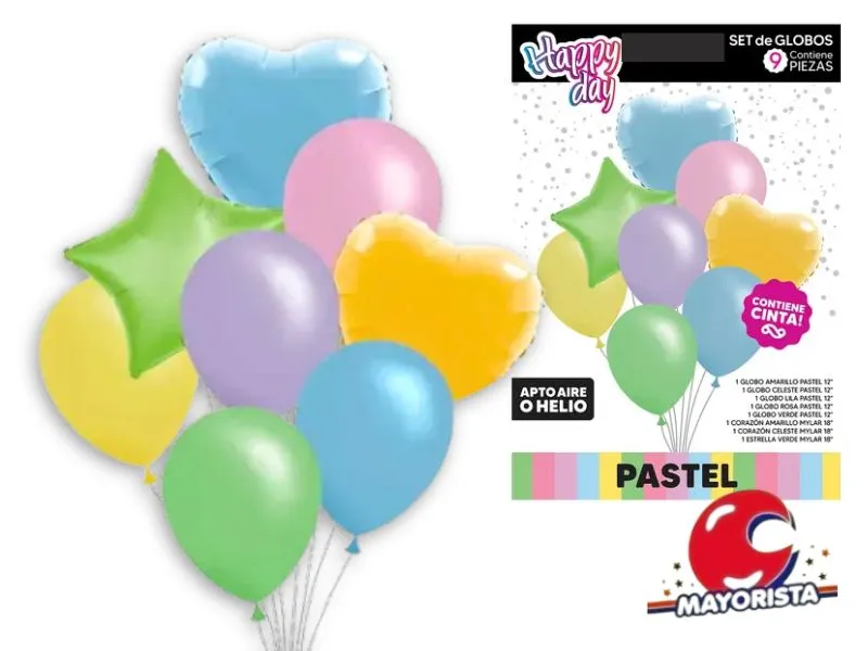 SET DE GLOBOS 9 PCS CORAZON Y ESTRELLA PASTEL - ARDITEX