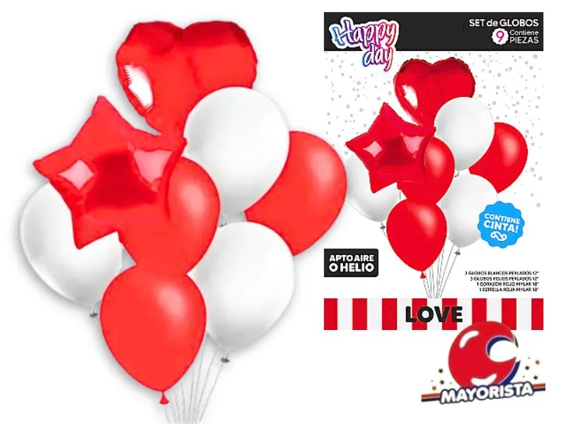SET DE GLOBOS 9 PCS CORAZON Y ESTRELLA ROJO - ARDITEX
