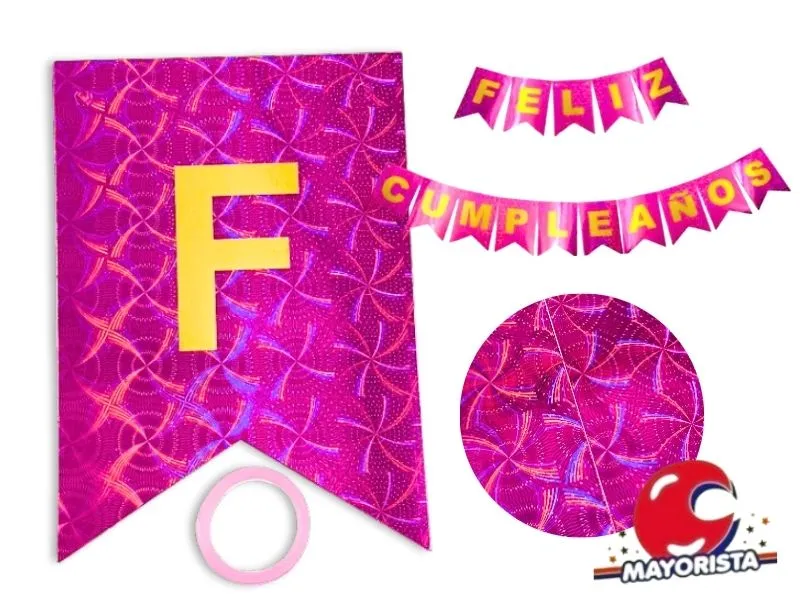 [6281] BANDERIN CARTON HOLOGRAFICO FUCSIA FELIZ CUMPLE (GB828-10256) CHG