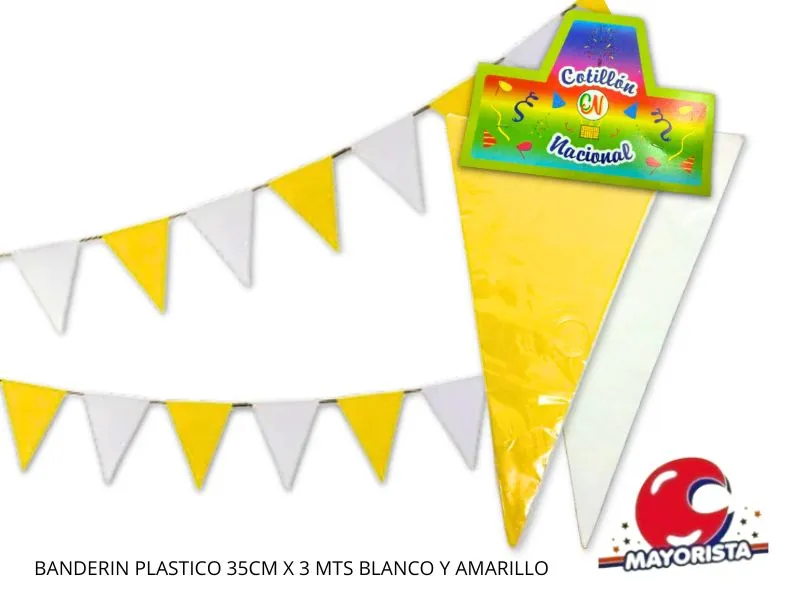 [7798152810150] BANDERIN PLASTICO 35CM X 3 MTS AMARILLO Y BLANCO (1092) COTILLON NACIONAL