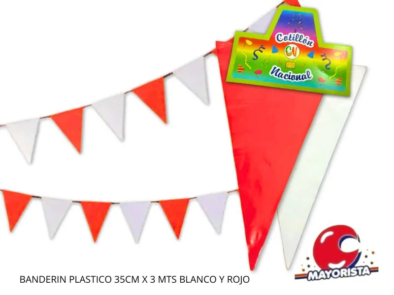 BANDERIN PLASTICO 35CM X 3 MTS ROJO Y BLANCO (1090) COTILLON NACIONAL