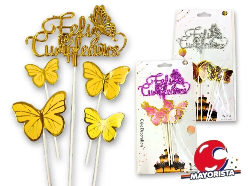 CAKE TOPPER CARTEL FELIZ CUMPLEANOS C/MARIPOSA + 4 MARIPOSAS (ZLE-CTO-32-01/49-01) ERIK