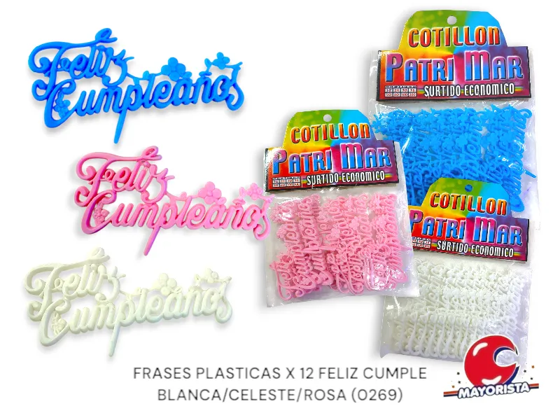[4185] FRASES PLASTICAS X 12 FELIZ CUMPLE BLANCA/CELESTE/ROSA (0269) PATRIMAR