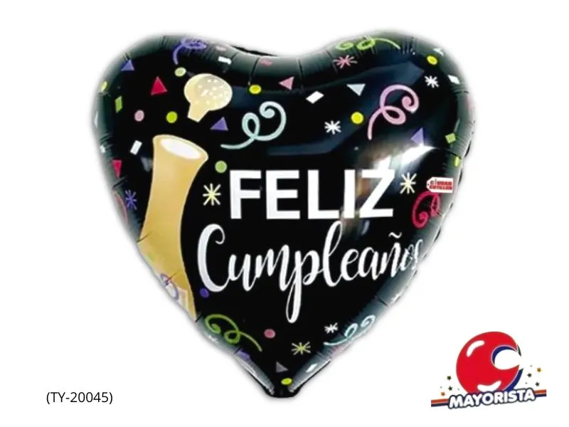 [1570] GLOBO MYLAR 18 CORAZON FELIZ CUMPLEANOS NEGRO 45CM (TY-20045) ERIK