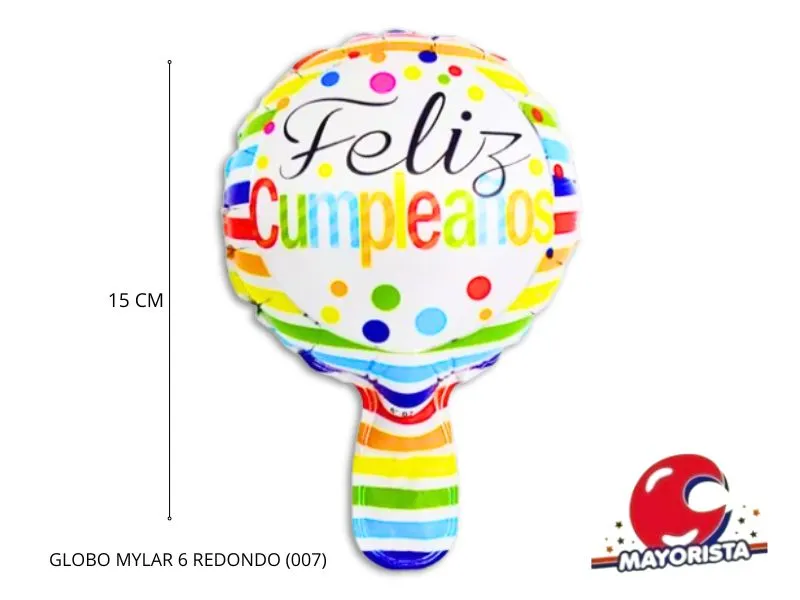 [7814] GLOBO MYLAR 6 REDONDO FELIZ CUMPLE BLANCO RAYAS MULTICOLOR (007) 15CM - LCOST