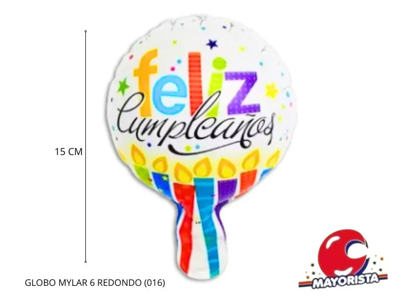 GLOBO MYLAR 6 REDONDO FELIZ CUMPLE BLANCO VELAS MULTICOLOR (016) 15CM - LCOST