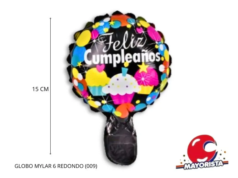 [2822] GLOBO MYLAR 6 REDONDO FELIZ CUMPLE NEGRO CUPCAKE LUNARES COLORES (009) 15CM - LCOST