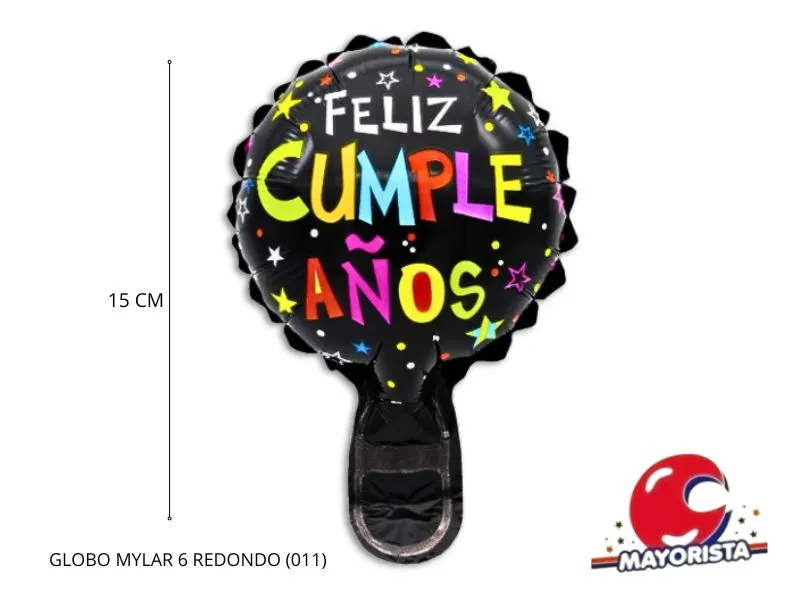 GLOBO MYLAR 6 REDONDO FELIZ CUMPLE NEGRO LETRAS COLORES (011) 15CM - LCOST
