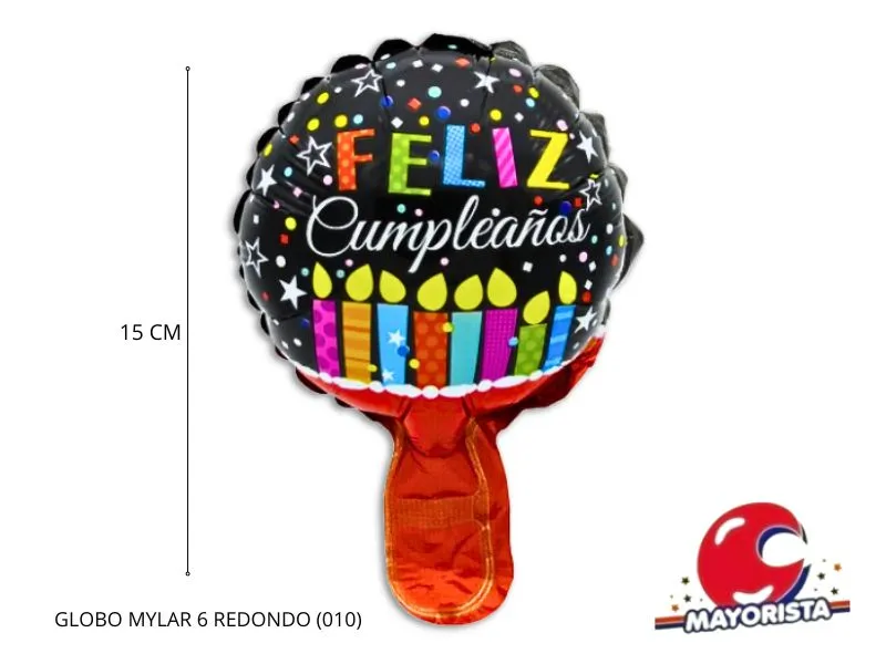 [2844] GLOBO MYLAR 6 REDONDO FELIZ CUMPLE NEGRO VELAS COLORES (010) 15CM - LCOST