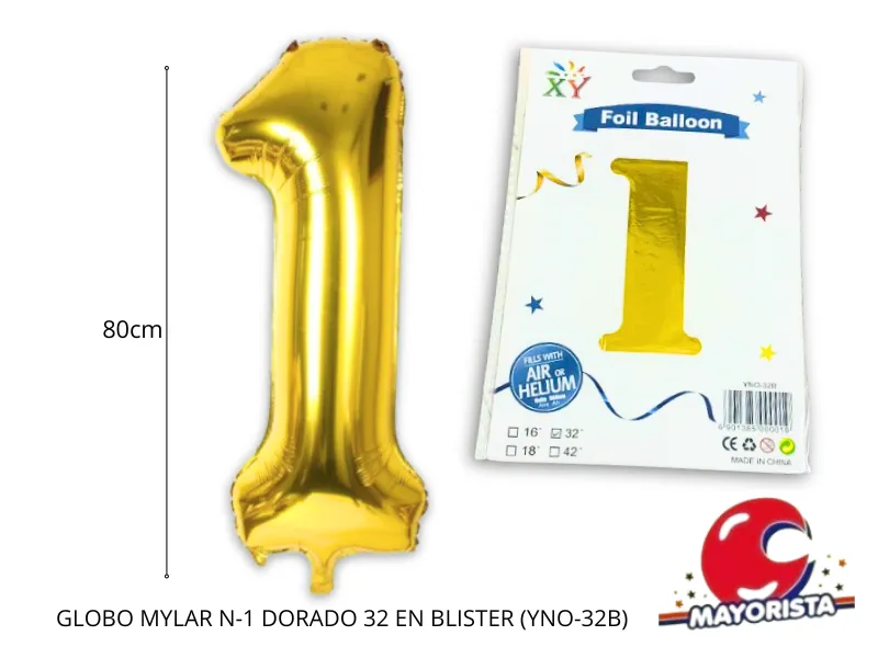 GLOBO MYLAR N 1 DORADO 32 (80CM) EN BLISTER (YNO-32B) CHG