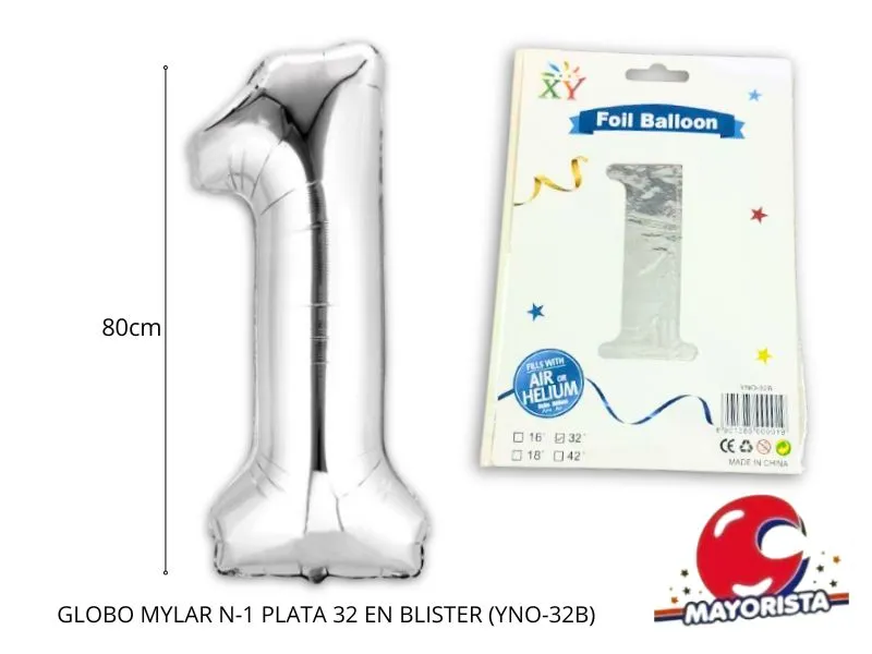 GLOBO MYLAR N 1 PLATA 32 (80CM) EN BLISTER (YNO-32B) CHG