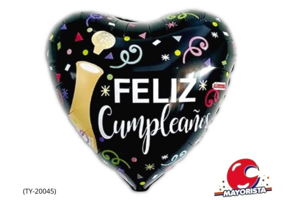 GLOBO MYLAR 18 CORAZON FELIZ CUMPLEANOS NEGRO 45CM (TY-20045) ERIK