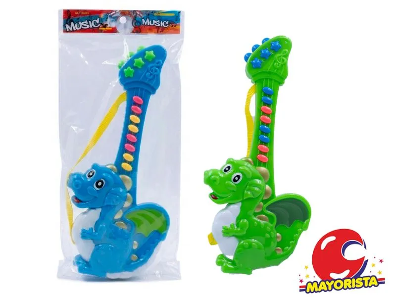 [7450077095660] GUITARRA DINOSAURIO A PILAS CON SONIDO BOLSA 30CM (52619) KADA