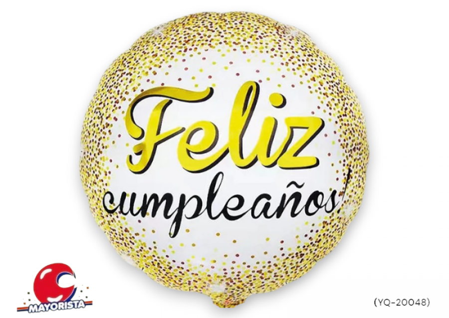 [6318] GLOBO MYLAR 18 REDONDO FELIZ CUMPLE BLANCO CONFETIS DORADOS 45CM (YQ-20048) ERIK