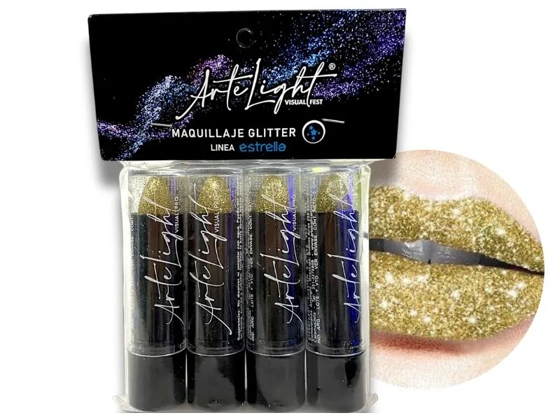 [6901028507929] MAQUILLAJE LABIAL C/GLITTER X 4 DORADO DE 5 GRS C/U (7929) ARTELIGHT