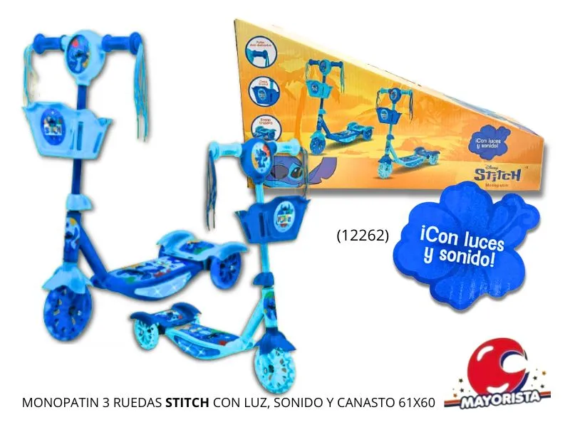 [7453077236460] MONOPATIN 3 RUEDAS STITCH CON LUZ, SONIDO Y CANASTO 61X60 (12262) KADA