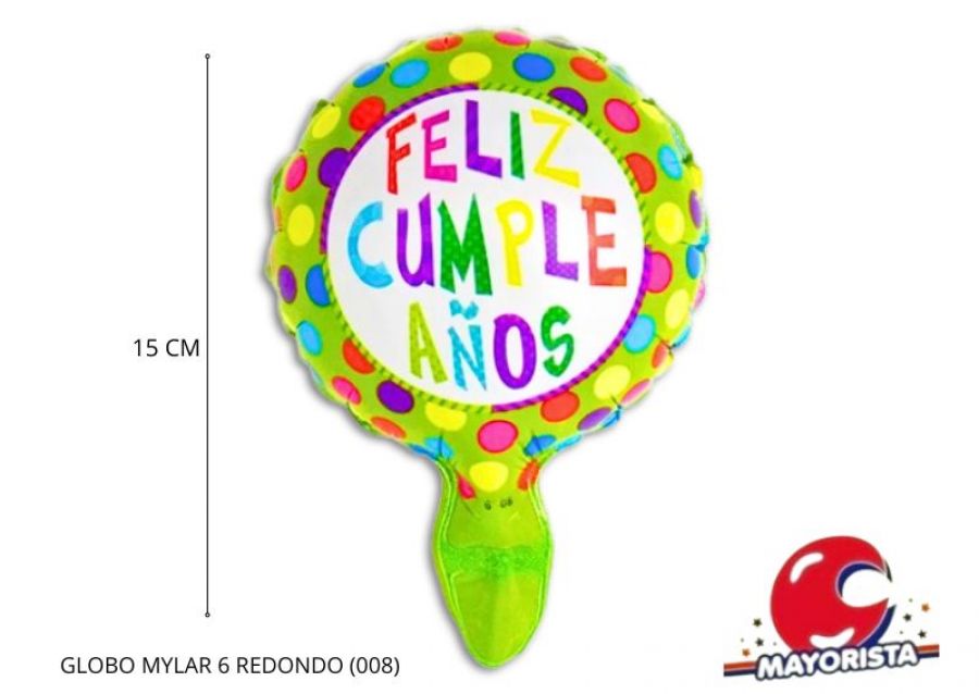 [1855] GLOBO MYLAR 6 REDONDO FELIZ CUMPLE VERDE LUNARES COLORES (008) 15CM - LCOST