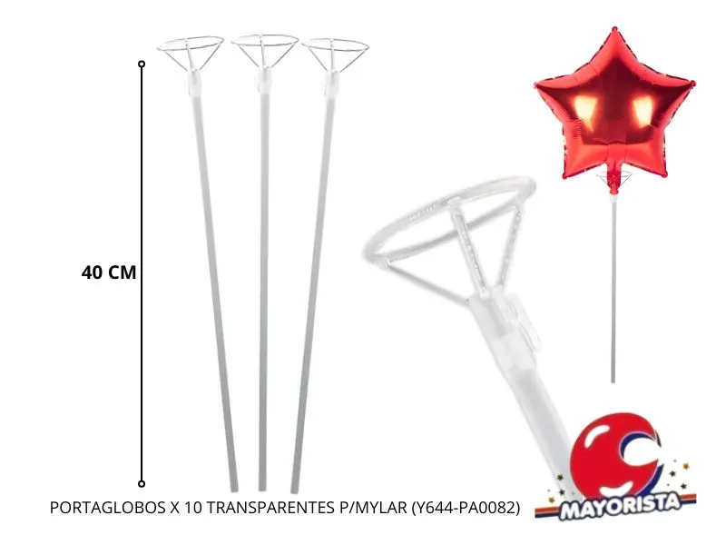 [3420] PORTAGLOBOS X 10 TRANSPARENTES 40CM P/MYLAR (YJ0830) YJ IMPORT
