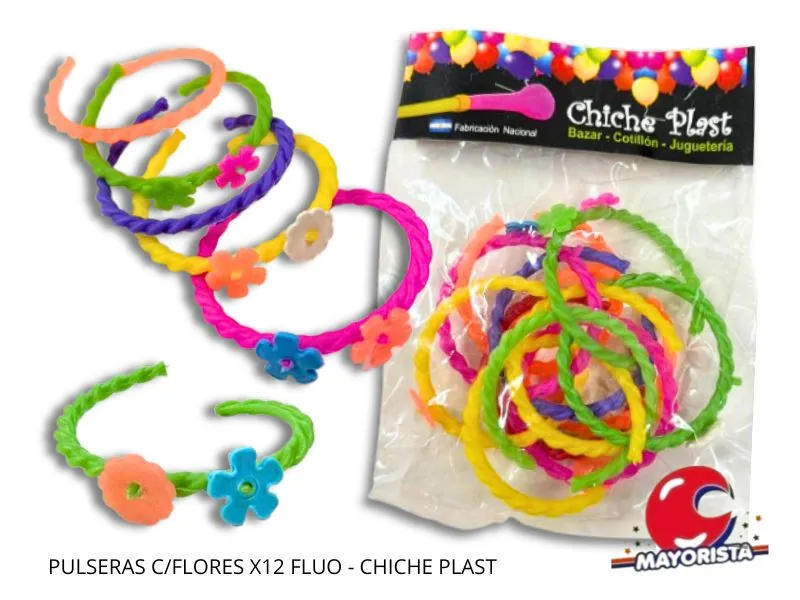 PULSERAS C/FLORES X12 FLUO - CHICHE PLAST