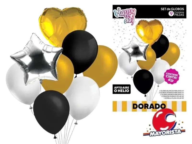 [7798319303945] SET DE GLOBOS 9 PCS CORAZON Y ESTRELLA DORADO - ARDITEX