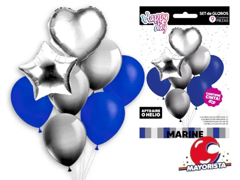 [7798319304058] SET DE GLOBOS 9 PCS CORAZON Y ESTRELLA MARINE (AZUL Y PLATA) - ARDITEX