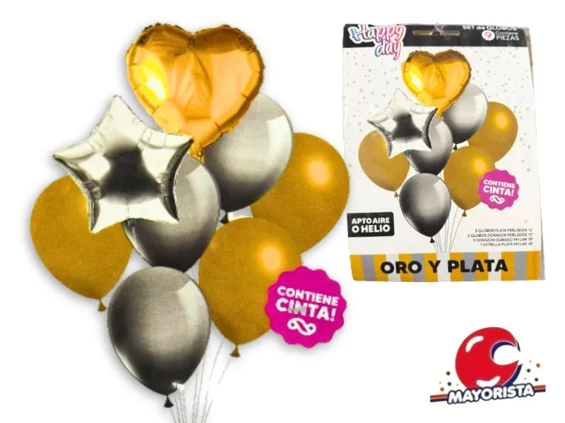 SET DE GLOBOS 9 PCS CORAZON Y ESTRELLA ORO Y PLATA - ARDITEX