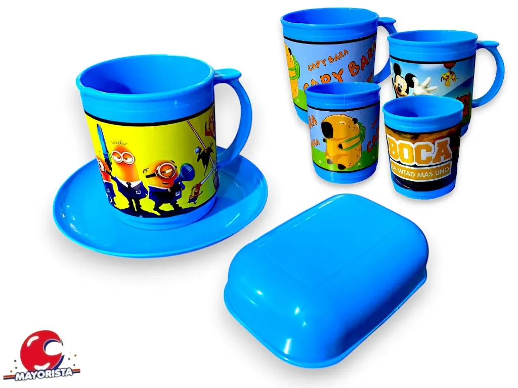 [7916] SET DE TAZA, PLATO Y JABONERA CELESTE C/PERSONAJES (HECTOR)