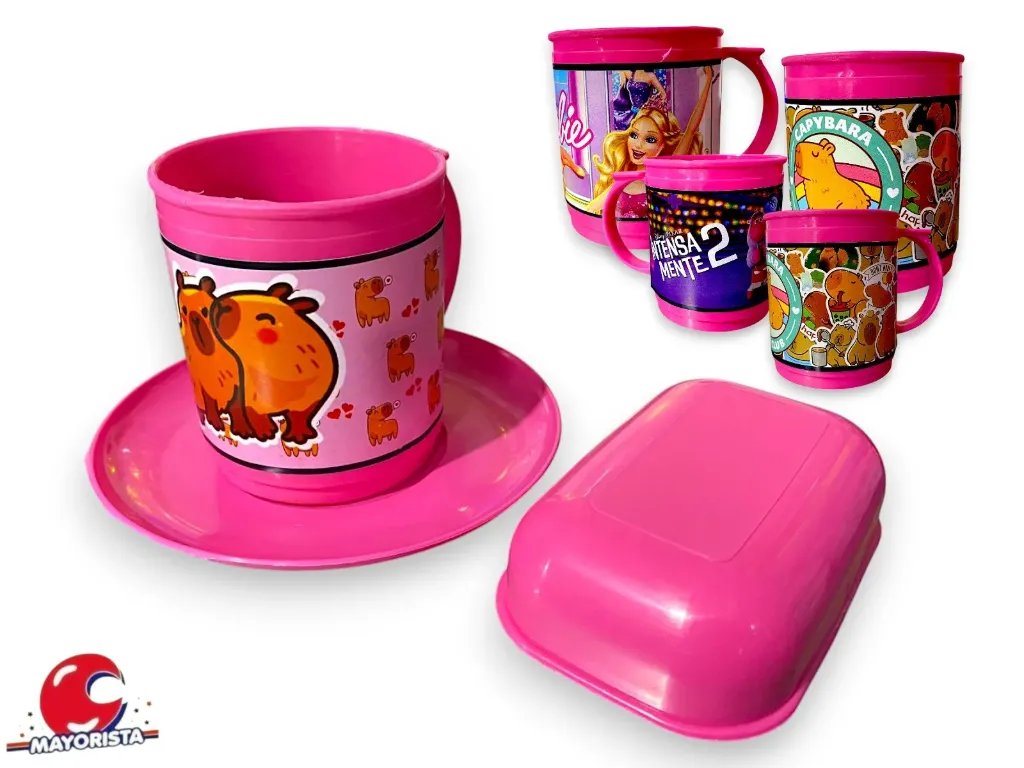 [9507] SET DE TAZA, PLATO Y JABONERA ROSA C/PERSONAJES - TACAMAN