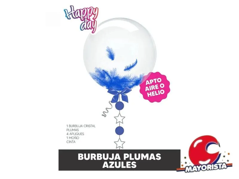 [7798371460761] SET GLOBO BURBUJA C/PLUMAS AZUL, APLIQUE, MONO Y CINTA - ARDITEX