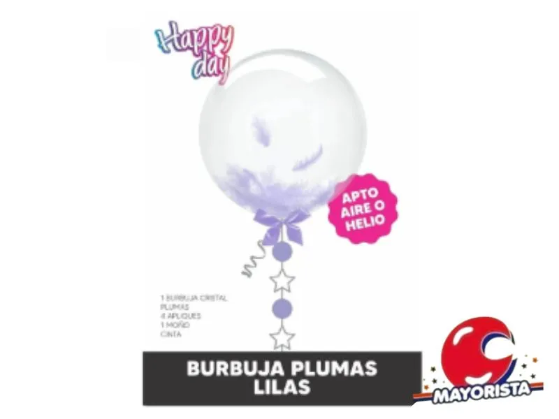 SET GLOBO BURBUJA C/PLUMAS LILA, APLIQUE, MONO Y CINTA - ARDITEX