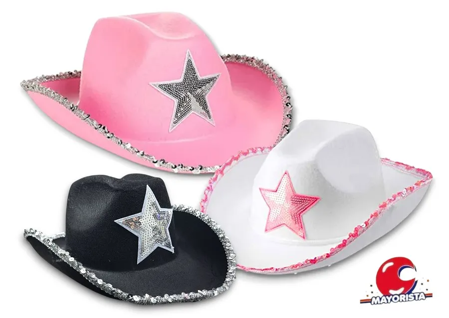 [8034107006100] SOMBRERO COWBOY CON ESTRELLA Y PUNTILLAS (YJ0737) YJ IMPORT