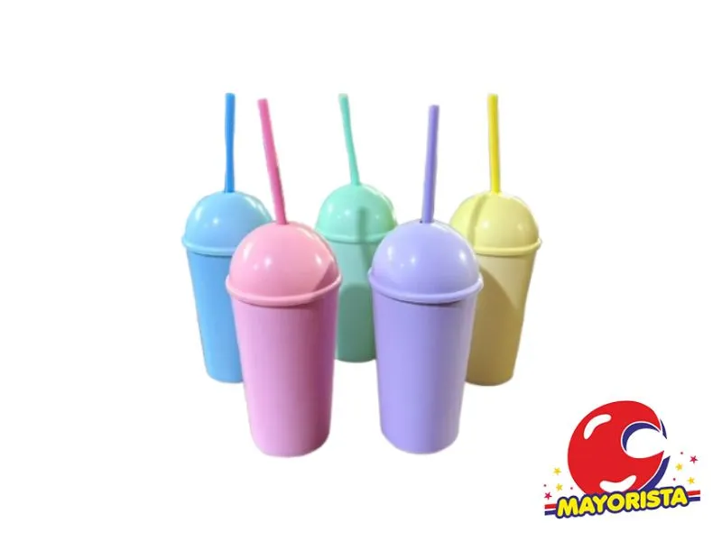 [2437] VASO PLASTICO PASTEL CON TAPA ESFERA Y SORBETE  16CM (4543) STILO