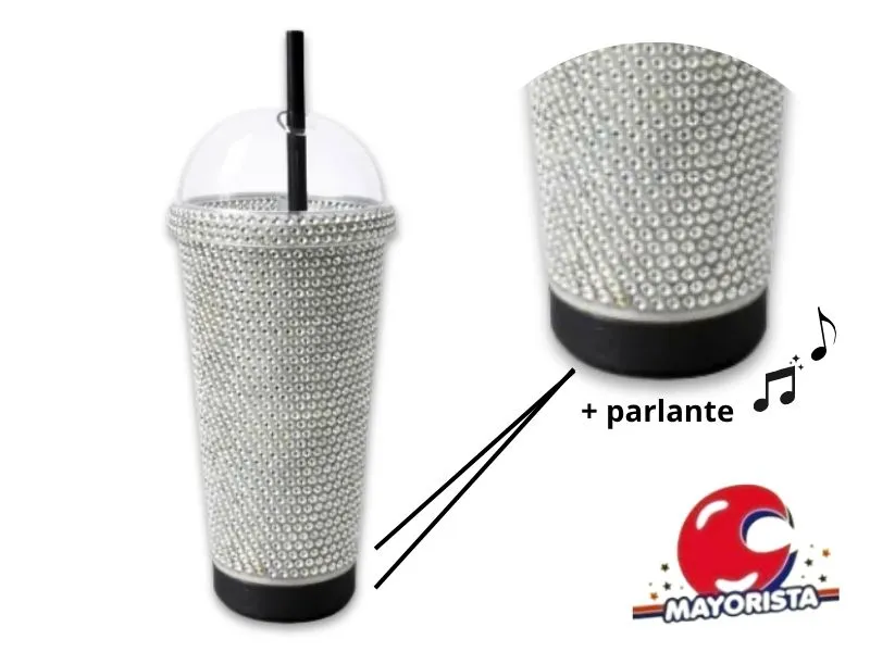 [8125] VASO TERMICO CON STRASS, PARLANTE, TAPA Y SORBETE (10839/10886) STILO