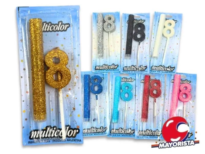 VELA MEDIANA 8 + BENGALA C/GIBRE BLISTER VARIOS COLORES - VELAS MULTICOLOR