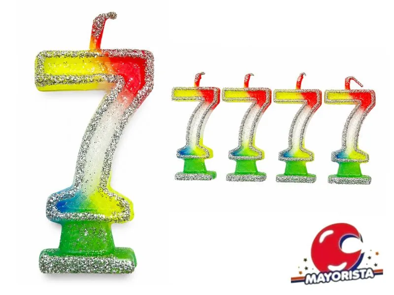 VELA NUMEROTE 7 MULTICOLOR C/GIBRE X 1 (X10) - VELAS MULTICOLOR