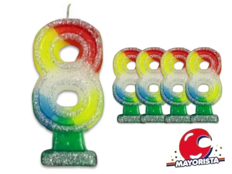 [2040] VELA NUMEROTE 8 MULTICOLOR C/GIBRE X 1 (X10) - VELAS MULTICOLOR
