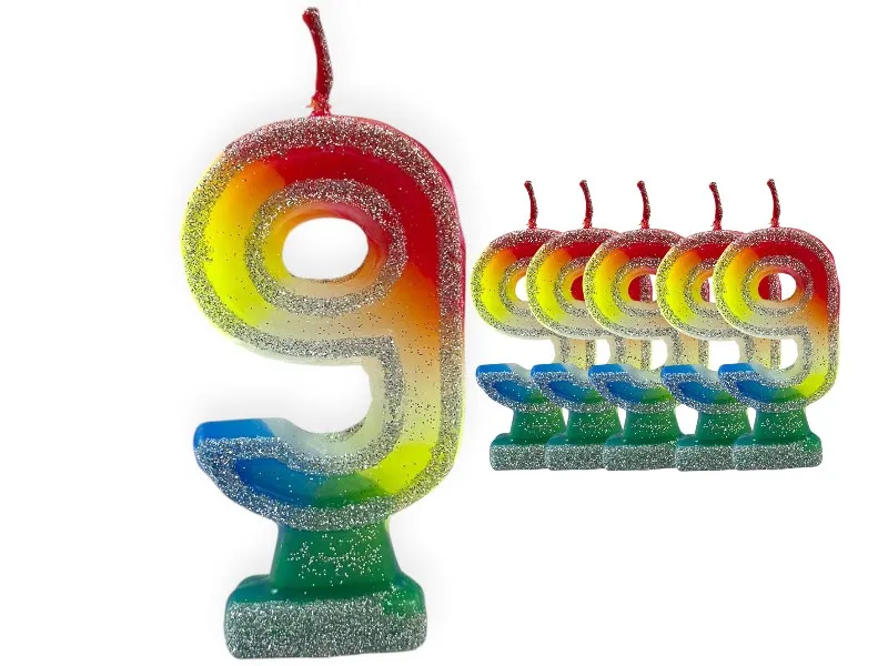 [2041] VELA NUMEROTE 9 MULTICOLOR C/GIBRE X 1 (X10) - VELAS MULTICOLOR