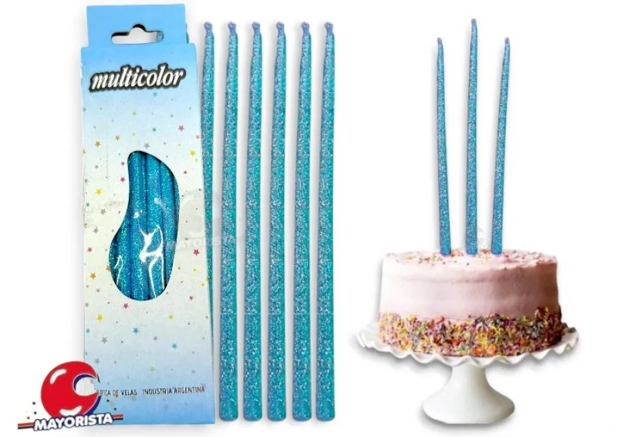 [8538] VELAS FINITAS X 15 CELESTE C/BRILLO AMERICANA (25) - VELAS MULTICOLOR