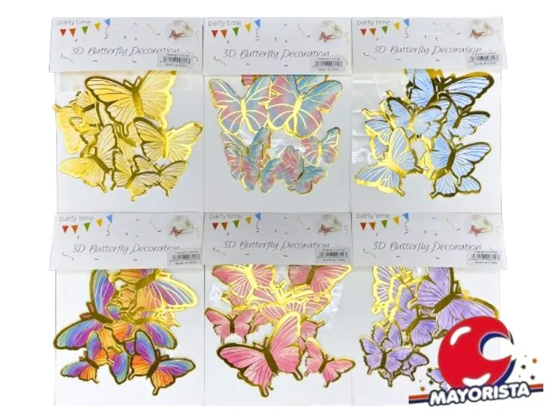 [6982023051037] MARIPOSAS ADHESIVAS X 12 BORDES DORADOS (YJ0749) YJ IMPORT