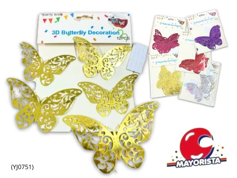 [6982022022816] MARIPOSAS ADHESIVAS X 12 CALADAS METALIZADAS (YJ0751) YJ IMPORT