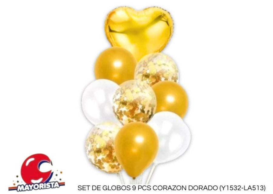 [2554] SET DE GLOBOS 9 PCS CORAZON DORADO (Y1532-LA513) CHG