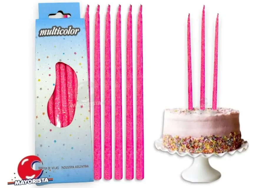 VELAS FINITAS X 15 ROSA C/BRILLO AMERICANA (25) - VELAS MULTICOLOR