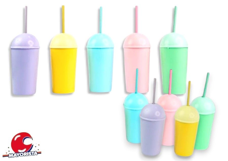 VASO PLASTICO PASTEL CON TAPA ESFERA Y SORBETE  16CM (4543) STILO